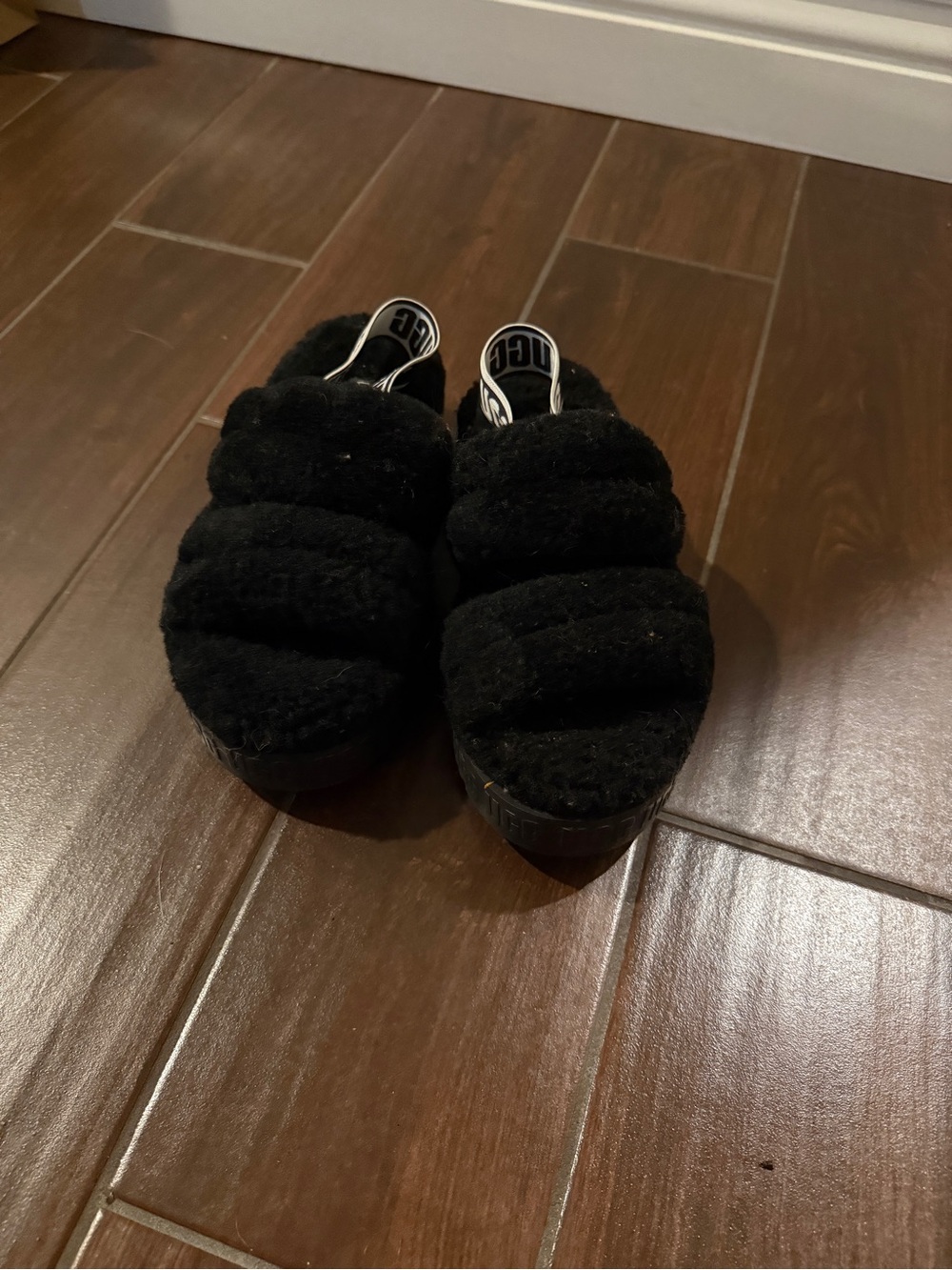 UGG Black Fluffy Slide Sandals with Branded Heel Strap